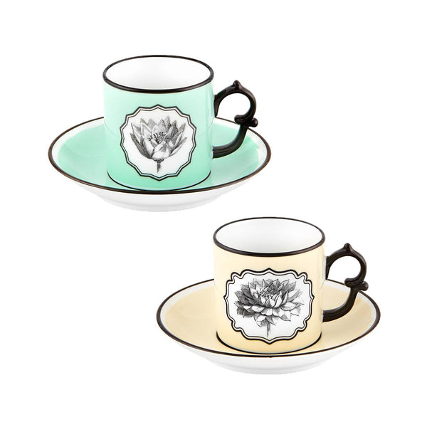 Load image into Gallery viewer, Vista Alegre Christian Lacroix - Herbariae Set 2 Coffe Cups And Saucer Yellow And Green