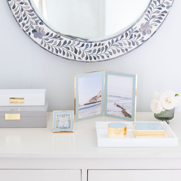 Load image into Gallery viewer, Addison Ross Powder Blue & Gold Square Silent Alarm Clock
