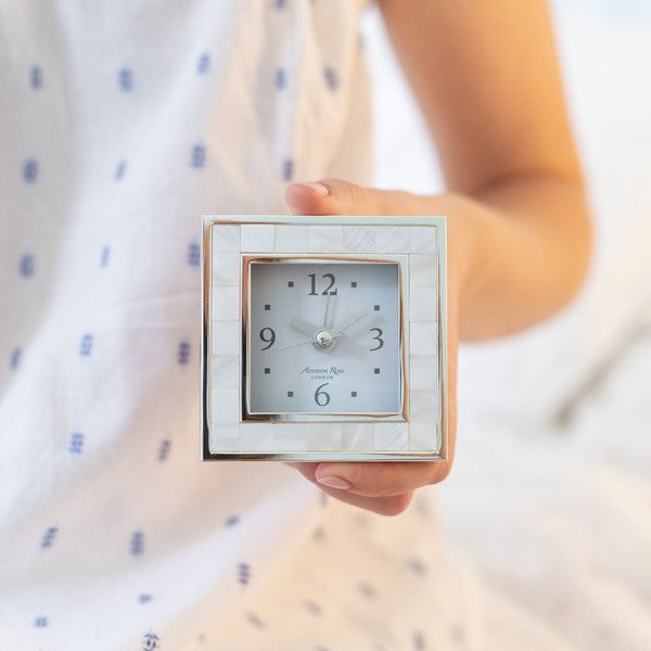 Load image into Gallery viewer, Addison Ross Mother of Pearl Shell & Silver Square Alarm Clock
