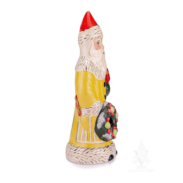 Load image into Gallery viewer, Vaillancourt Folk Art - Colonial Santa in Yellow with Wreath and Cardinals - Chalkware Figurine