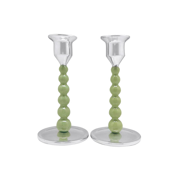 Load image into Gallery viewer, Mariposa Pearled Small Green Candlestick Set