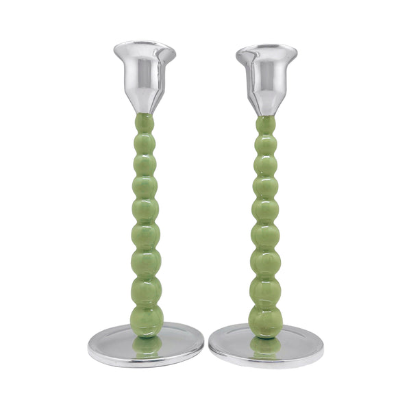 Load image into Gallery viewer, Mariposa Pearled Medium Green Candlestick Set