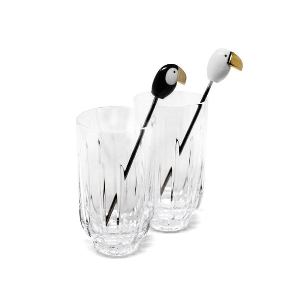 Load image into Gallery viewer, Lladro Toucan 2 Tall Crystal Glasses + 2 Stirrers Set - Golden Luster