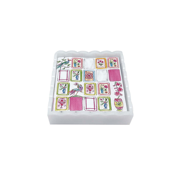 Load image into Gallery viewer, Mariposa Mahjong White Scalloped Cocktail Napkin Box Set