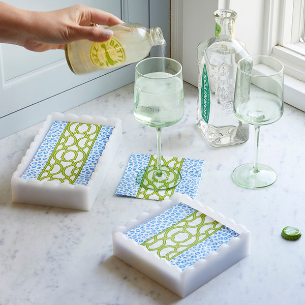 Load image into Gallery viewer, Mariposa Knots And Spots White Scalloped Cocktail Napkin Box Set