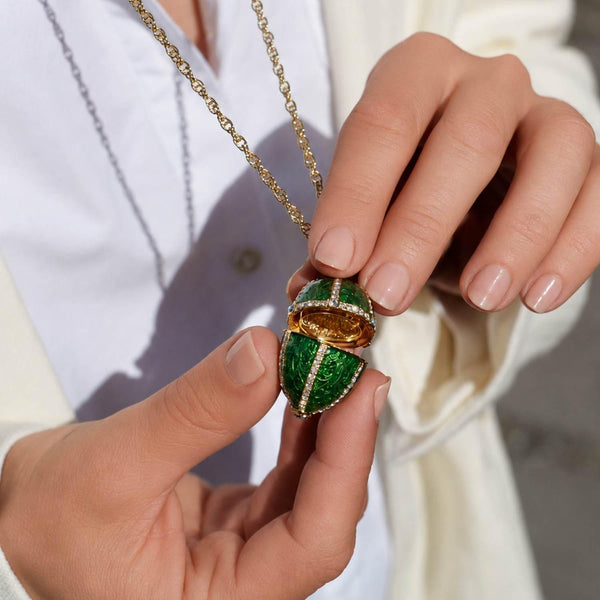 Load image into Gallery viewer, Olivia Riegel Green Guilloché Enamel Egg Locket Pendant Necklace