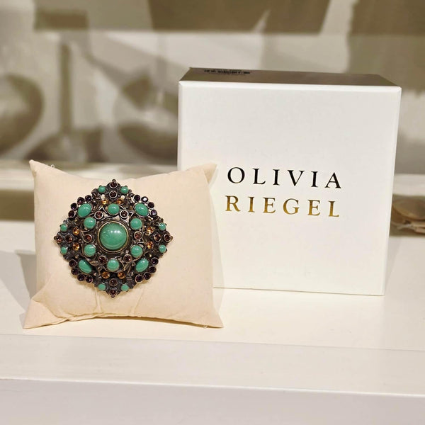 Load image into Gallery viewer, Olivia Riegel Bronze Brooch with Green Jewels
