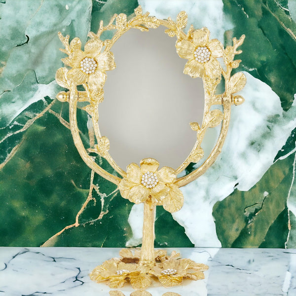 Load image into Gallery viewer, Olivia Riegel Gold Botanica Magnified Standing Mirror
