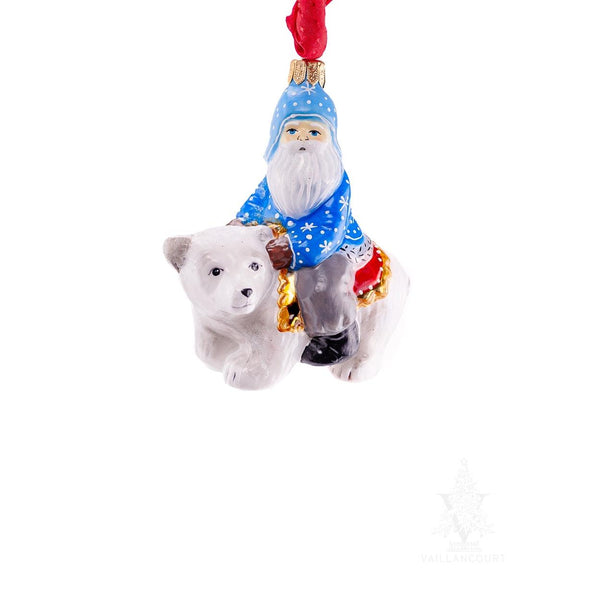 Load image into Gallery viewer, Vaillancourt Folk Art - Small Santa in Blue Riding Polar Bear Ornament - Christmas Ornament