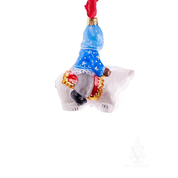 Load image into Gallery viewer, Vaillancourt Folk Art - Small Santa in Blue Riding Polar Bear Ornament - Christmas Ornament
