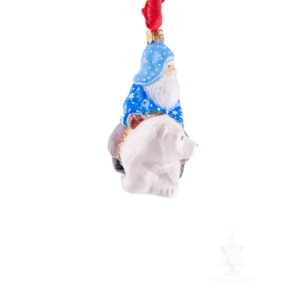 Load image into Gallery viewer, Vaillancourt Folk Art - Small Santa in Blue Riding Polar Bear Ornament - Christmas Ornament