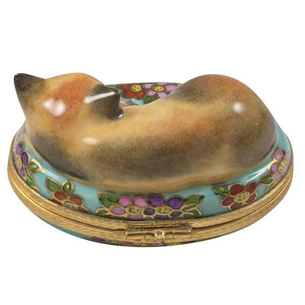 Load image into Gallery viewer, Cat on Blue Floral Oval Limoges Box