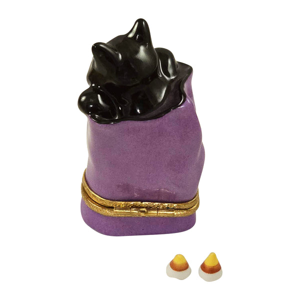 Load image into Gallery viewer, Rochard "Cat in Trick Or Treat Bag with Removable Candy Corn" Limoges Box