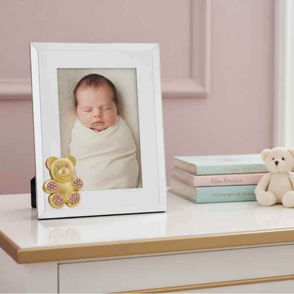 Load image into Gallery viewer, Olivia Riegel Gold Teddy Bear with Light Rose Crystals 5" x 7" Frame
