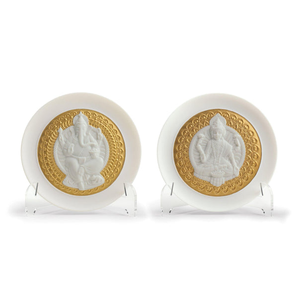 Load image into Gallery viewer, Lladro Goddes Lakshmi and Lord Ganesha Decorative Plates Set - Golden Lustre
