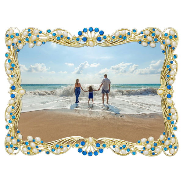 Load image into Gallery viewer, Olivia Riegel Gold Audrey 5" x 7" Frame with Capri Blue Stones & White Freshwater Pearls