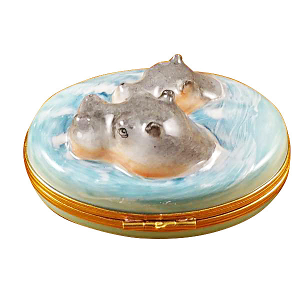 Load image into Gallery viewer, Rochard "Hippo with Baby in Water" Limoges Box