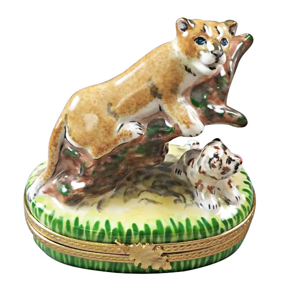 Load image into Gallery viewer, Rochard "Cougar with Baby" Limoges Box
