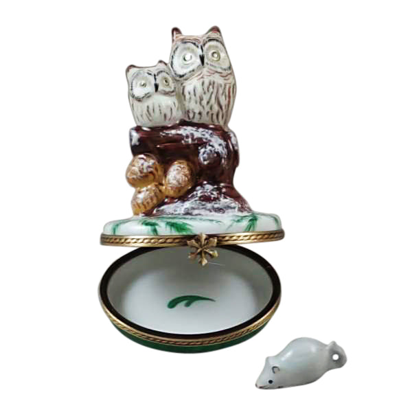 Load image into Gallery viewer, Rochard "Two Owls with Snow Mouse" Limoges Box