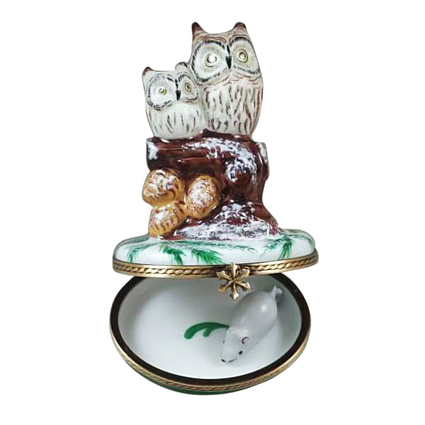 Load image into Gallery viewer, Rochard "Two Owls with Snow Mouse" Limoges Box