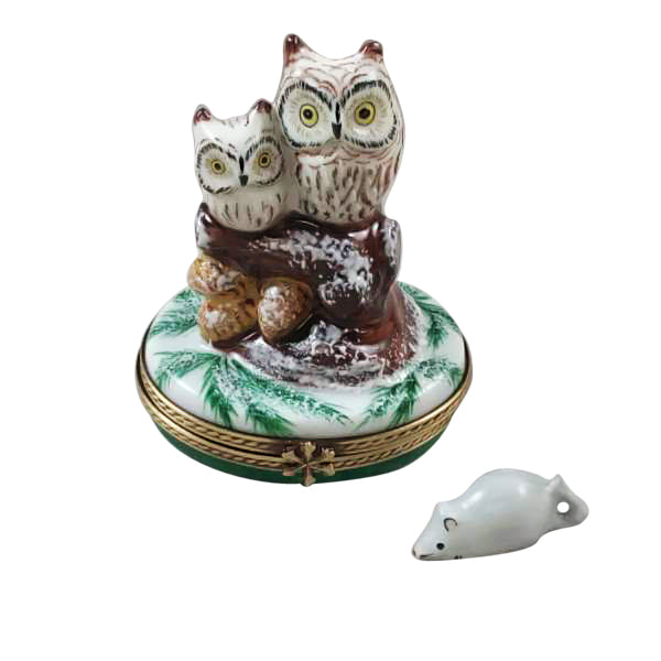 Load image into Gallery viewer, Rochard "Two Owls with Snow Mouse" Limoges Box