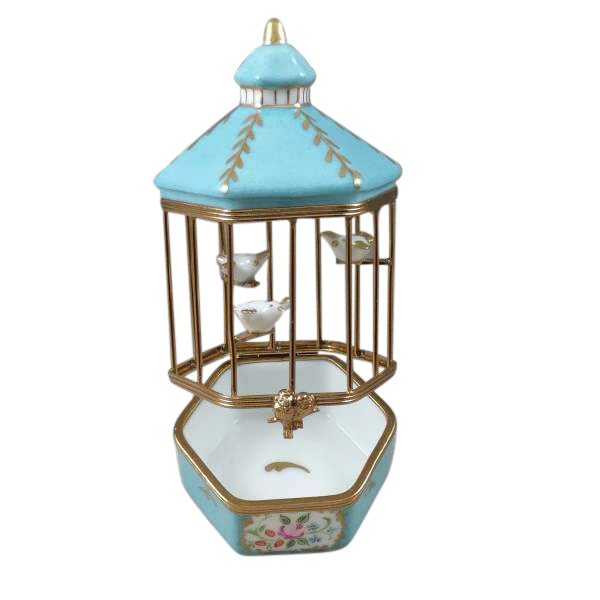 Load image into Gallery viewer, Rochard "Tiffany Blue Bird Cage with 3 Gold Birds" Limoges Box