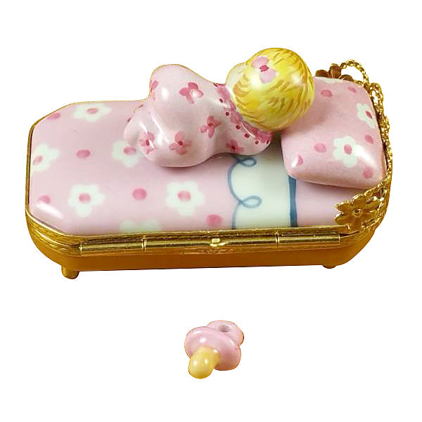 Load image into Gallery viewer, Rochard "Baby in Pink Bed with Pacifier" Limoges Box