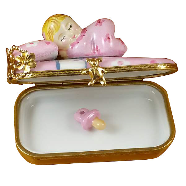 Load image into Gallery viewer, Rochard "Baby in Pink Bed with Pacifier" Limoges Box