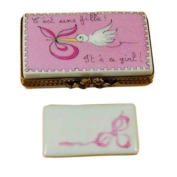 Load image into Gallery viewer, Rochard "Pink Stork It's a Girl" Limoges Box