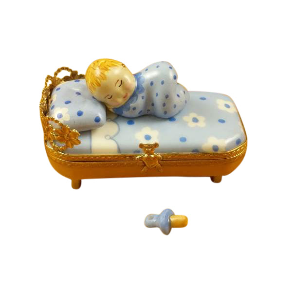 Load image into Gallery viewer, Rochard "Baby in Blue Bed with Pacifier" Limoges Box