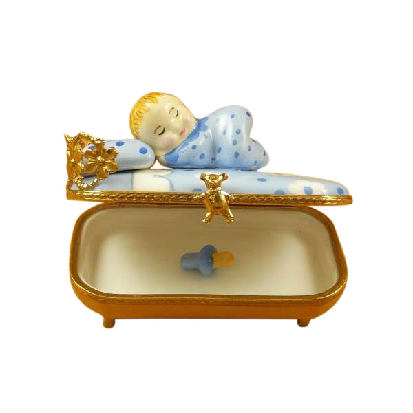 Load image into Gallery viewer, Rochard "Baby in Blue Bed with Pacifier" Limoges Box