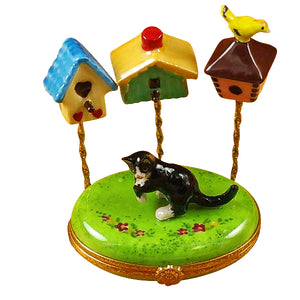 Rochard "Cat with Three Birdhouses" Limoges Box