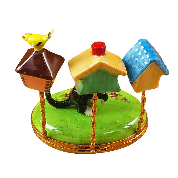 Load image into Gallery viewer, Rochard "Cat with Three Birdhouses" Limoges Box