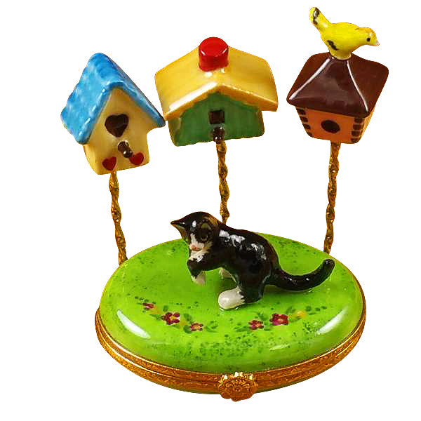 Load image into Gallery viewer, Rochard "Cat with Three Birdhouses" Limoges Box