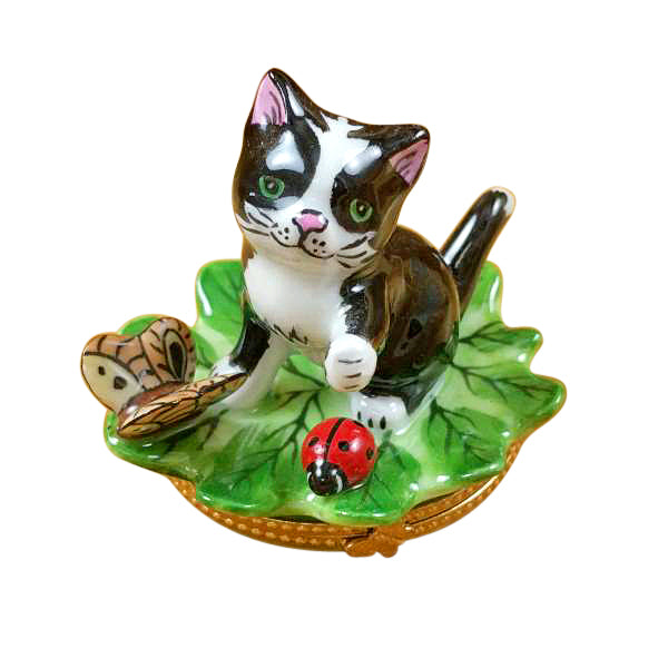 Load image into Gallery viewer, Rochard "Cat on Leaf with Ladybug and Butterfly" Limoges Box