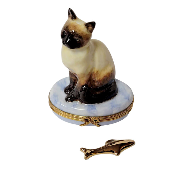 Load image into Gallery viewer, Rochard "Siamese Cat with Removable Gold Fish" Limoges Box