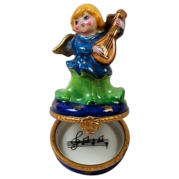 Load image into Gallery viewer, Angel on Blue Base with Lyre Limoges Box