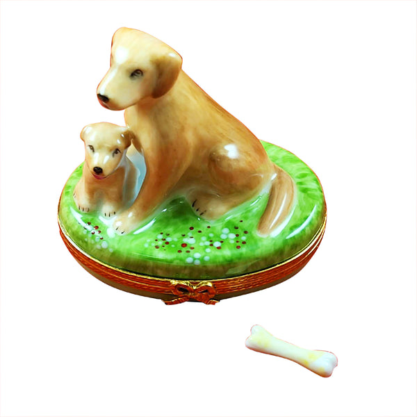 Load image into Gallery viewer, Rochard "Sitting Yellow Lab & Puppy And Removable Bone" Limoges Box
