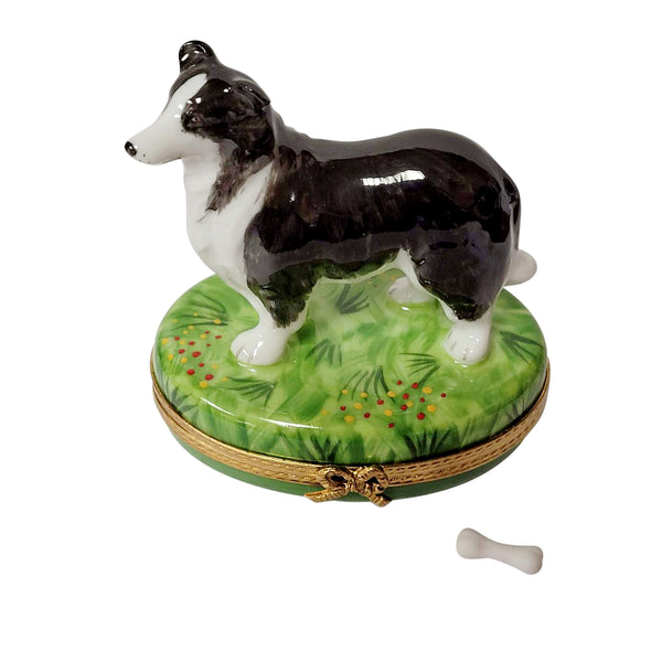 Load image into Gallery viewer, Rochard "Black & White Collie with Removable Bone" Limoges Box