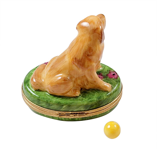 Load image into Gallery viewer, Rochard "Golden Retriever on Flowers with Removable Ball" Limoges Box