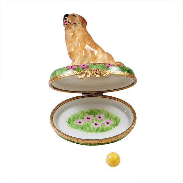 Load image into Gallery viewer, Rochard "Golden Retriever on Flowers with Removable Ball" Limoges Box