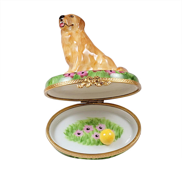 Load image into Gallery viewer, Rochard "Golden Retriever on Flowers with Removable Ball" Limoges Box