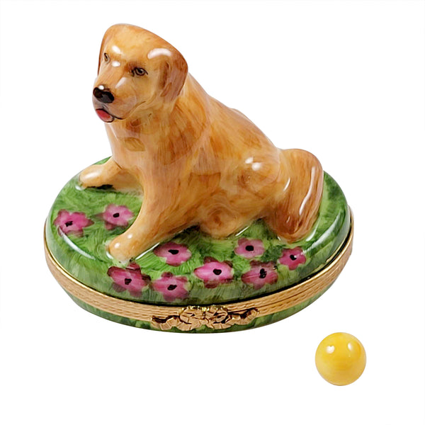 Load image into Gallery viewer, Rochard "Golden Retriever on Flowers with Removable Ball" Limoges Box