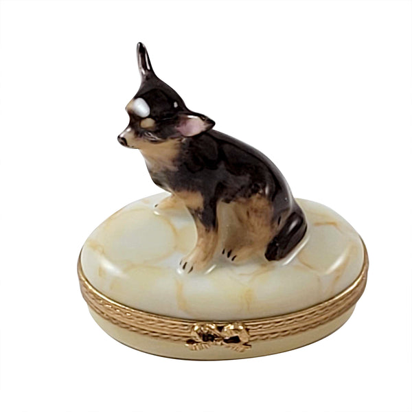 Load image into Gallery viewer, Rochard "Brown and Tan Chihuahua on Tan Base with Flowers Painted Inside" Limoges Box