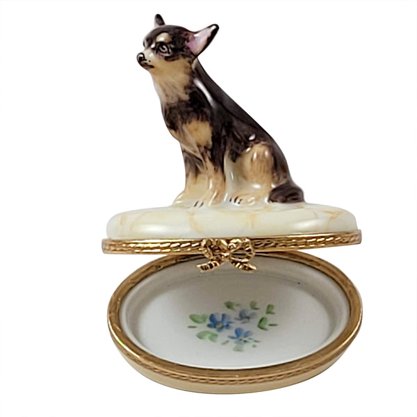 Load image into Gallery viewer, Rochard "Brown and Tan Chihuahua on Tan Base with Flowers Painted Inside" Limoges Box