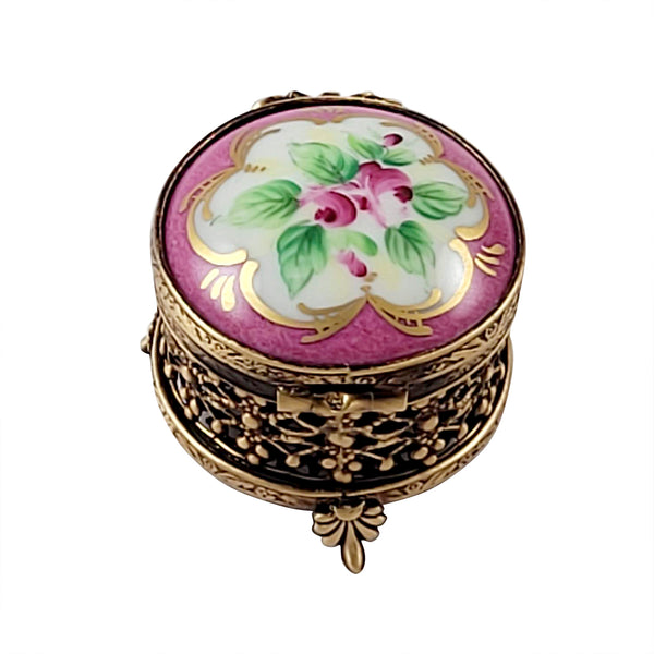Load image into Gallery viewer, Rochard "Small Round Pink with Flowers and Ornate Brass" Limoges Box