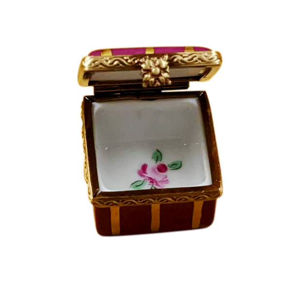 Load image into Gallery viewer, Rochard "Small Burgundy Square with Gold Stripes and Flowers" Limoges Box