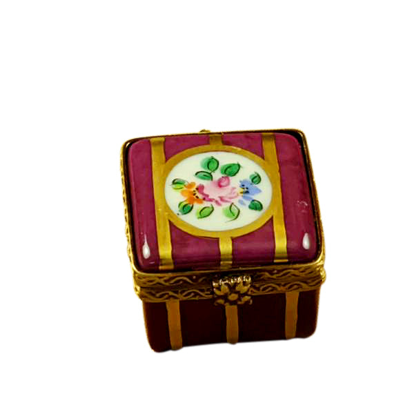 Load image into Gallery viewer, Rochard "Small Burgundy Square with Gold Stripes and Flowers" Limoges Box