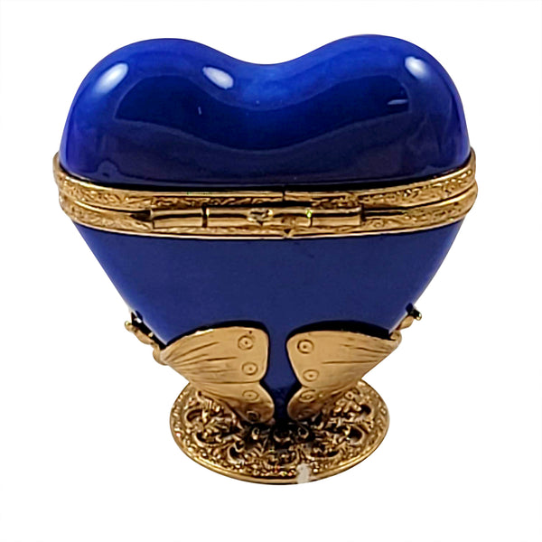 Load image into Gallery viewer, Rochard "Blue and Gold Heart on Butterfly Brass Stand" Limoges Box