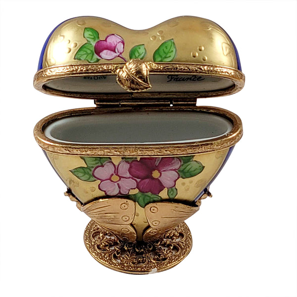 Load image into Gallery viewer, Rochard "Blue and Gold Heart on Butterfly Brass Stand" Limoges Box